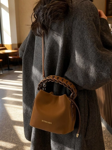 Damen Vintage PU Leder Beuteltasche Geflochtener Griff Kordelzug Mode Vielseitige Schulter Umhängetasche Täglich Handtasche