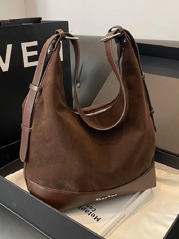 Dames Grote Capaciteit Retro Suèded Splicing PU Leer Hobo Schoudertas Casual Forens Tote Emmer Tas Verstelbare Riem