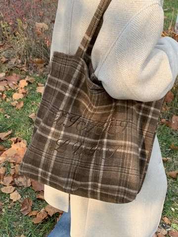 Borsa Tote da Donna Retro a Quadri Ricamata Grande Capacità in Tessuto Borsa a Tracolla a Scacchi per Autunno Inverno Pendolarismo