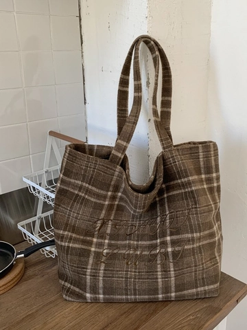 Borsa Tote da Donna Retro a Quadri Ricamata Grande Capacità in Tessuto Borsa a Tracolla a Scacchi per Autunno Inverno Pendolarismo