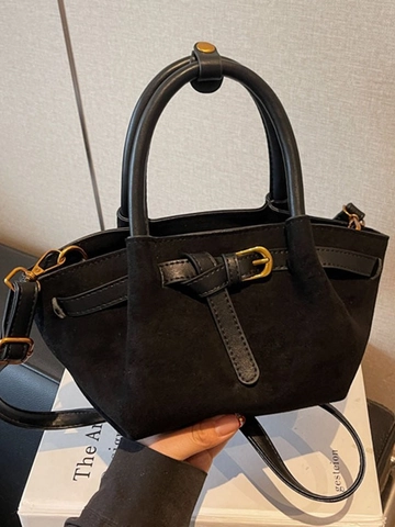 Bolso de Cubo de PU para Mujer Vintage Bolso de Mano de Textura de Gamuza de Bandolera Con Hebilla de Cinturón Dorada Casual