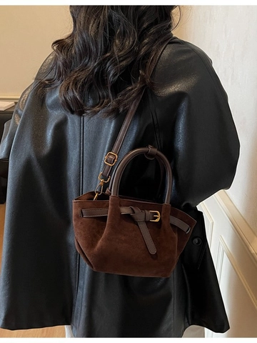 Bolso de Cubo de PU para Mujer Vintage Bolso de Mano de Textura de Gamuza de Bandolera Con Hebilla de Cinturón Dorada Casual