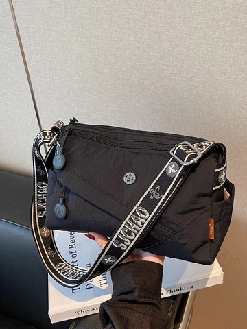 Women Casual Nylon Crossbody Bag Multi Pocket Small Square Bag With Wide Jacquard Shoulder Strap For Daily Travel