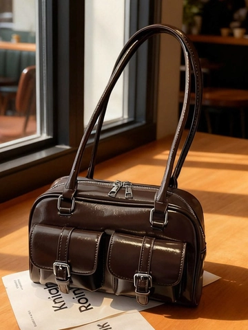 Retro Glossy PU Leather Boston Pillow Bag For Women Double Front Pockets Dual Shoulder Straps Commuter Fashion Square Bag