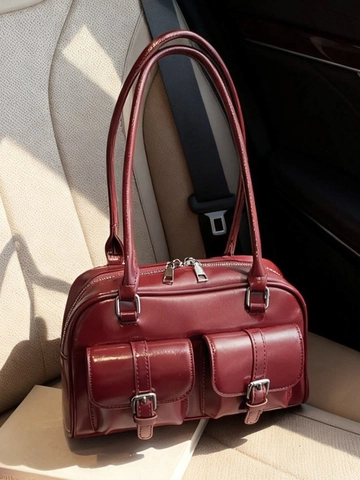 Retro Glossy PU Leather Boston Pillow Bag For Women Double Front Pockets Dual Shoulder Straps Commuter Fashion Square Bag