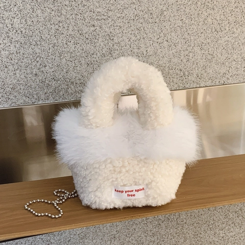 Women's Retro Faux Lamb Wool Plush Handbag Casual Letter Slogan Bucket Bag With Metal Bead Chain Shoulder Crossbody Bag