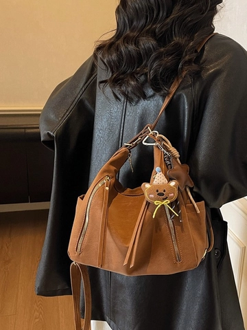 Mode Damen PU Leder Rucksack Schultertasche Große Kapazität Multi Reißverschluss Mit Bärenanhänger Pendler Alltag Hobo Handtasche