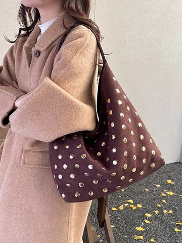 Sac Cabas Vintage Grande Capacité à Rivets Pour Femmes PU Daim Sac à Bandoulière Hobo Fourre-Tout Versatile