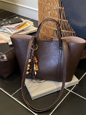 Vintage PU Leather Tote Bag For Women Large Capacity Shoulder Bag With Wooden Bead Tassel Pendant And Small Pouch Soft Handbag