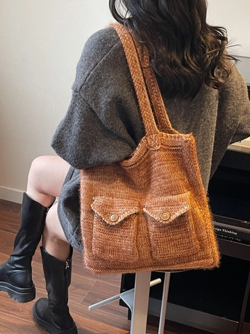 Damen Gestrickte Tote Bag Große Kapazität Strick Schultertasche Mit Zwei Taschen Holzknöpfe Lazy Style Häkeltasche