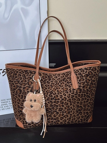 Borsa Tote Leopardata Grande Capacità per Donna in Pelle PU Moda Casual Borsa a Tracolla Con Ciondolo Orsetto di Peluche