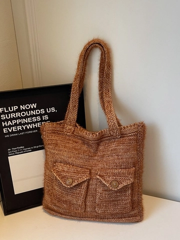 Damen Gestrickte Tote Bag Große Kapazität Strick Schultertasche Mit Zwei Taschen Holzknöpfe Lazy Style Häkeltasche
