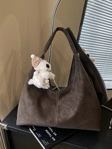 Borsa Tote Grande in Pelle PU Opaca Retro da Donna Con Cuciture a Contrasto e Simpatico Ciondolo Orsetto in Peluche