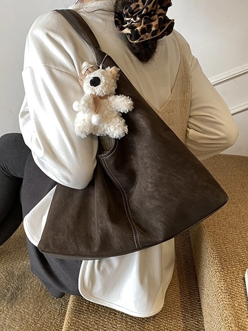 Borsa Tote Grande in Pelle PU Opaca Retro da Donna Con Cuciture a Contrasto e Simpatico Ciondolo Orsetto in Peluche