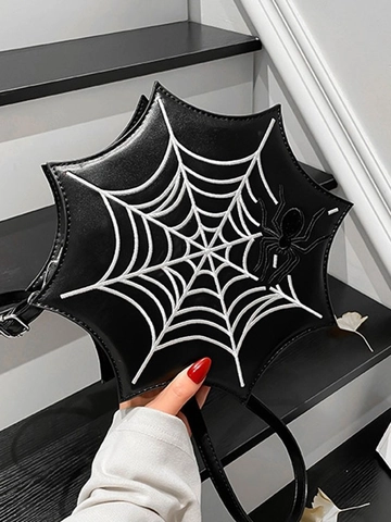 Women Gothic Spider Web Shaped PU Crossbody Bag Unique Embroidery Shoulder Bag Halloween Party Quirky Handbag Zipper Closure