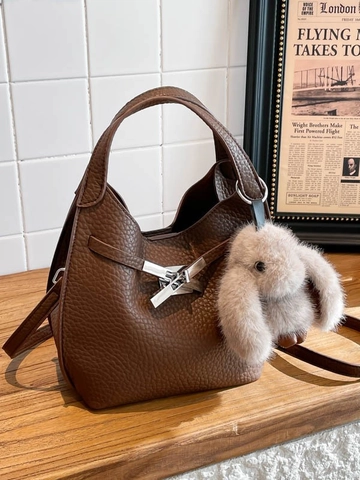 Vintage Litchi Pattern PU Leather Bucket Bag For Women Fashion Crossbody Shoulder Bag With Plush Rabbit Pendant Metal Lock
