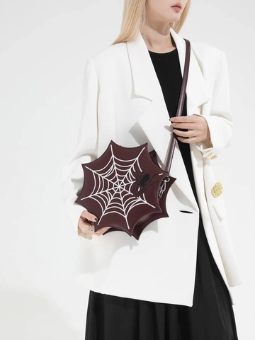 Women Gothic Spider Web Shaped PU Crossbody Bag Unique Embroidery Shoulder Bag Halloween Party Quirky Handbag Zipper Closure
