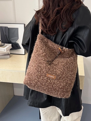 Winter Wollen Pluche Grote Capaciteit Emmer Tas Voor Vrouwen Retro Houtje-Touwtje Decor Tote Bag Mode Academische School Schoudertas Handtas