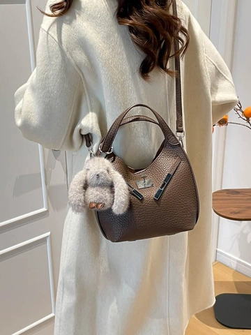 Vintage Litchi Pattern PU Leather Bucket Bag For Women Fashion Crossbody Shoulder Bag With Plush Rabbit Pendant Metal Lock