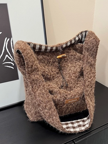 Winter Wollen Pluche Grote Capaciteit Emmer Tas Voor Vrouwen Retro Houtje-Touwtje Decor Tote Bag Mode Academische School Schoudertas Handtas