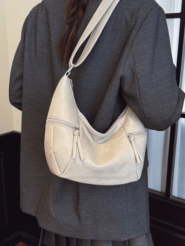 Borsa a Tracolla Hobo da Donna in Pelle PU Grande Capacità Borsa a Spalla a Mezzaluna Con Cuciture a Nappa Borsa Quotidiana Minimalista