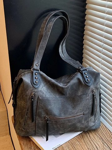 Sac Cabas Vintage en Cuir PU pour Femmes Grande Capacité Sac à Épaule Multi-poches Rivets Rétro Décontracté Travail