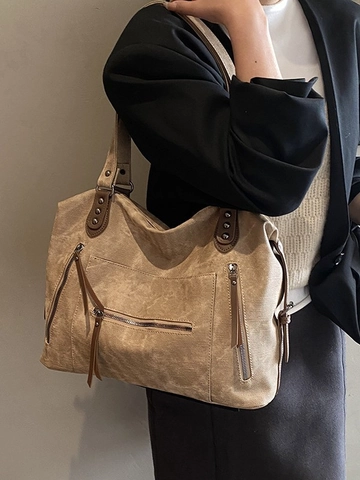 Sac Cabas Vintage en Cuir PU pour Femmes Grande Capacité Sac à Épaule Multi-poches Rivets Rétro Décontracté Travail