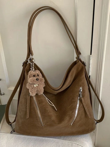 Borsa a Spalla in Pelle PU di Grande Capacità in Stile Harajuku Giapponese per Donna Zaino Hobo Vintage Con Ciondolo in Peluche