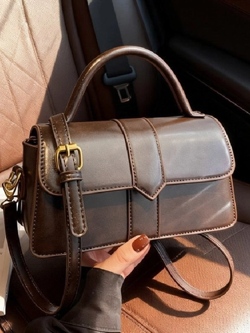 Vintage PU Leder Kleine Quadratische Schultertasche Für Damen Retro Klappen Umhängetasche Mit Ziernaht Minimalistische Reisehandtasche