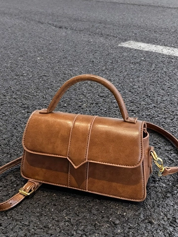 Vintage PU Leder Kleine Quadratische Schultertasche Für Damen Retro Klappen Umhängetasche Mit Ziernaht Minimalistische Reisehandtasche