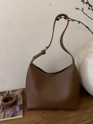 Retro Minimalist PU Leather Bucket Bag For Women Fashion Lychee Texture Hobo Shoulder Bag With Adjustable Strap Casual Underarm Bag