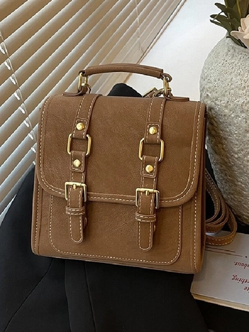 Damen Vintage PU Leder Rucksack Britischer Akademischer Stil Kontrastnähte Kleiner Schulranzen Studenten Lässige Tasche