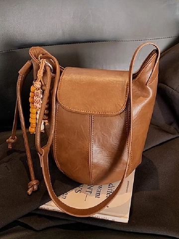 Borsa a Secchiello in Pelle PU Vintage da Donna Minimalista a Tracolla Con Cuciture E Ciondolo in Perline Retro Borsa Versatile