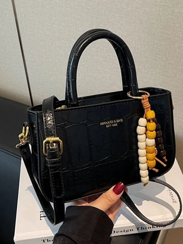 Women Retro Crocodile Pattern PU Leather Crossbody Bag Fashion Small Square Handbag With Beaded Pendant Office Daily Use