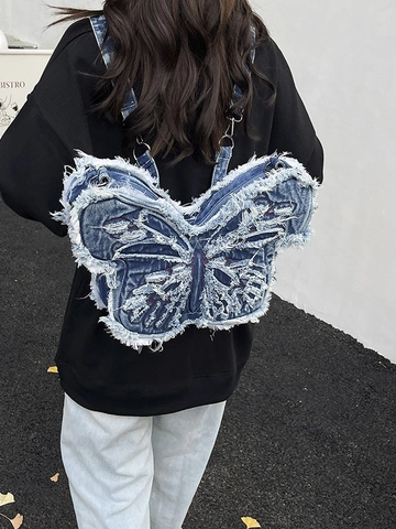 Women Butterfly Shaped PU Backpack Washed Blue Frayed Edge Y2K Streetwear Embroidered Fashion Rucksack With Adjustable Straps