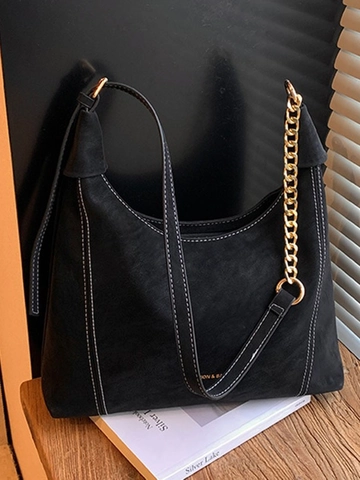 Vintage Niche Design PU Leather Hobo Bag For Women Large Capacity Shoulder Bag With Metal Chain Strap Commuting Crossbody Bag Solid Color Dumpling Bag