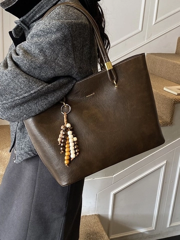 Borsa Tote in Pelle PU Vintage di Grande Capacità per Donna Borsa a Tracolla da Pendolare alla Moda Retro Elegante con Pendente