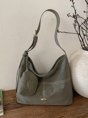 Große Kapazität Retro Damen PU Leder Tote Bag Kontrastnähte Lässige Schulter Umhängetasche Mit Mini Geldbeutel Anhänger