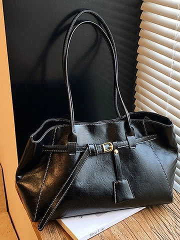 Vintage Grote Capaciteit PU Leren Tote Tas Voor Vrouwen Minimalistisch Contrast Stiksel Schoudertas Forens Kantoor Reizen Handtas