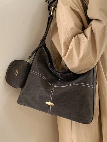 Große Kapazität Retro Damen PU Leder Tote Bag Kontrastnähte Lässige Schulter Umhängetasche Mit Mini Geldbeutel Anhänger