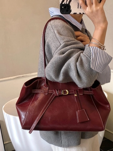 Vintage Grote Capaciteit PU Leren Tote Tas Voor Vrouwen Minimalistisch Contrast Stiksel Schoudertas Forens Kantoor Reizen Handtas