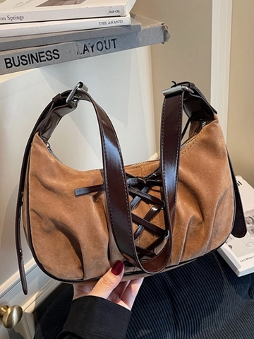 Vintage Lace-up Ribbon Underarm Bag For Women PU Suede Texture Hobo Shoulder Bag Retro Style Zipper Closure Solid Color Handbag