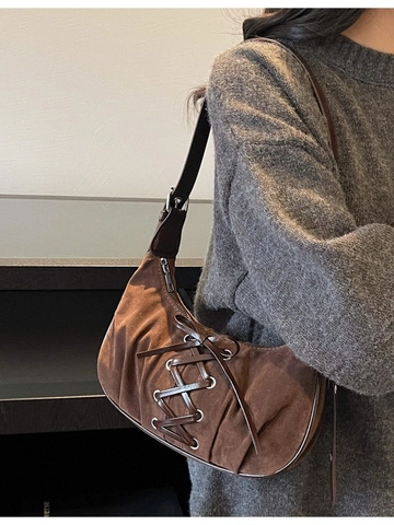 Vintage Lace-up Ribbon Underarm Bag For Women PU Suede Texture Hobo Shoulder Bag Retro Style Zipper Closure Solid Color Handbag