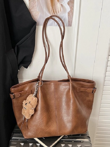 Women Large Capacity PU Leather Tote Bag Casual Shoulder Handbag With Plush Bear Charm Solid Color Winter Commuting Bag