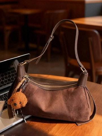 Vintage Hobo Umhängetasche Aus PU Leder Für Damen Große Kapazität Wildlederstruktur Achseltasche Mit Teddybär Anhänger Mode Handtasche