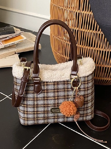 Women's Retro Plaid Bucket Bag PU Leather Faux Lamb Wool Shoulder Bag Autumn Winter Trendy Crossbody Bag With Pendant