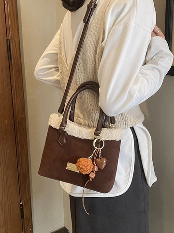 Women's Retro Plaid Bucket Bag PU Leather Faux Lamb Wool Shoulder Bag Autumn Winter Trendy Crossbody Bag With Pendant