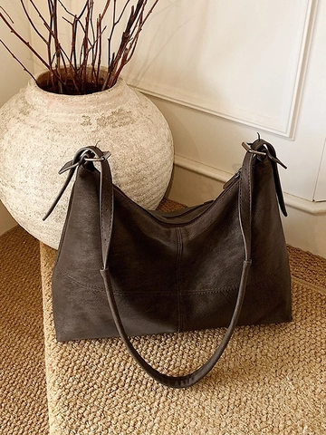 Women Retro Large Capacity PU Leather Tote Bag Minimalist Commuter Shoulder Bag Solid Color Hobo Bag With Stitching Detail