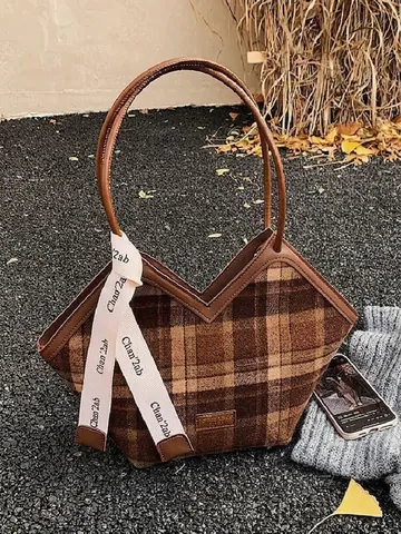 Vintage Vrouwen Plaid Wollen Draagtas Grote Capaciteit V-Hals Opening Schoudertas Met Lint Decoratie Mode Forenzentas