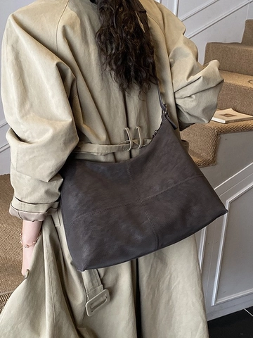 Women Retro Large Capacity PU Leather Tote Bag Minimalist Commuter Shoulder Bag Solid Color Hobo Bag With Stitching Detail